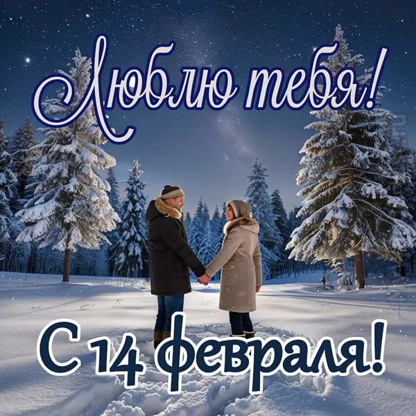 Картинка с 14 февраля: пара, держащаяся за руки на фоне зимнего звездного неба