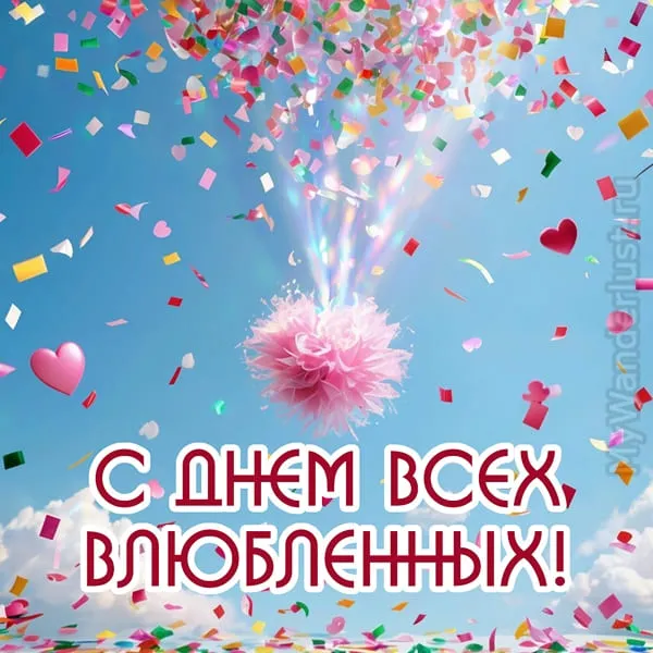 Валентинки: цветные конфетти и сердечки, падающие с неба.