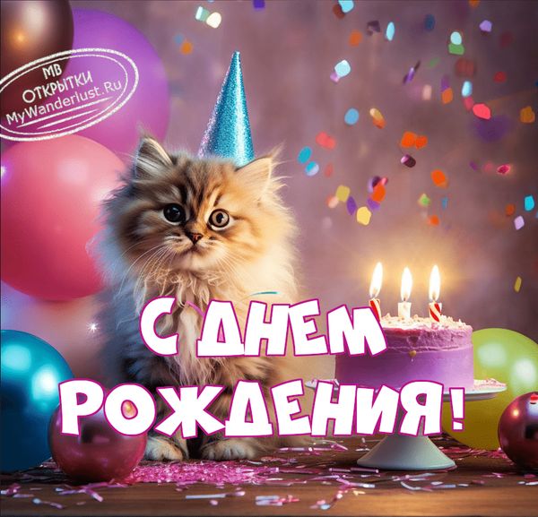 Котенок в праздничном колпаке рядом с тортом с праздничными свечками