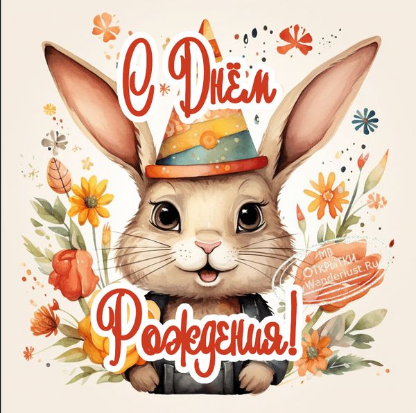 Зайчик в забавной шляпе с цветами
