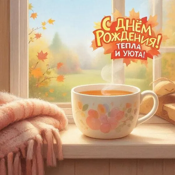 Тёплый плед и чашка чая на подоконнике - С Днём Рождения, родная! Тепла и уюта!