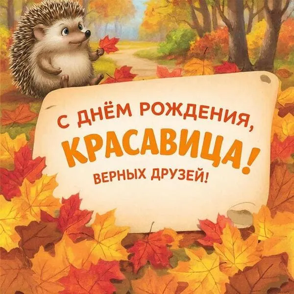 Маленький ёжик с осенними листьями - С Днём Рождения, красавица! Верных друзей!