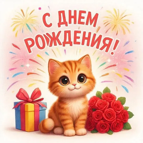 Праздничный фон с коллажем из котика, салюта, подарочной коробки и букета роз на день рождения женщины, надпись 'С днем рождения!'