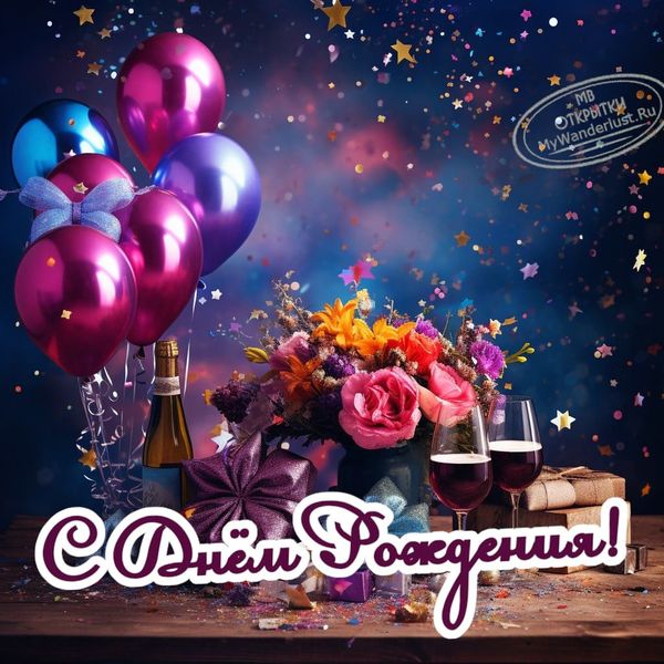 Открытка на день рождения с фиолетовыми воздушными шарами