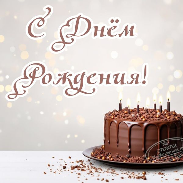 Открытка с Днём Рождения, Бежевый Фон, Шоколадный Торт