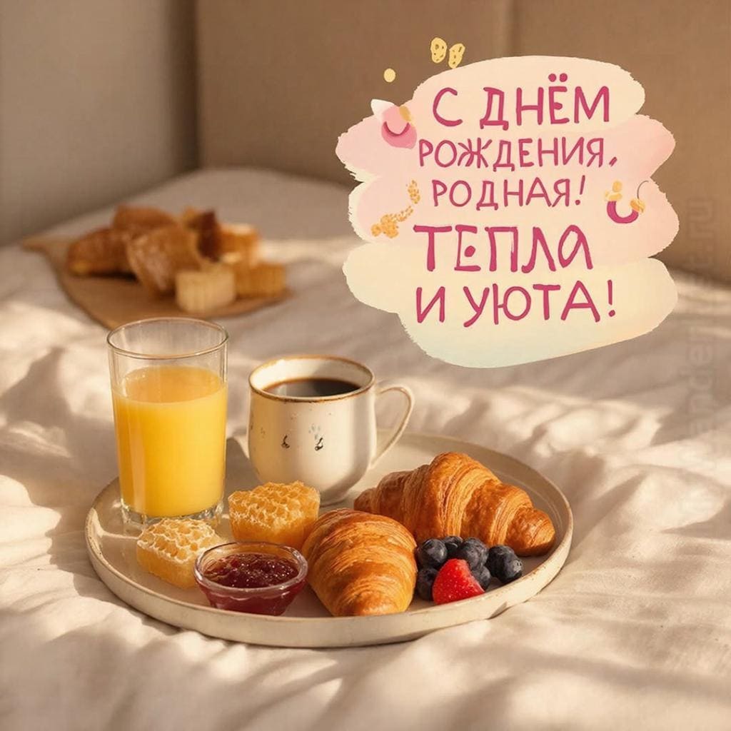 Уютное утро с завтраком в постель - С Днём Рождения, родная! Тепла и уюта!