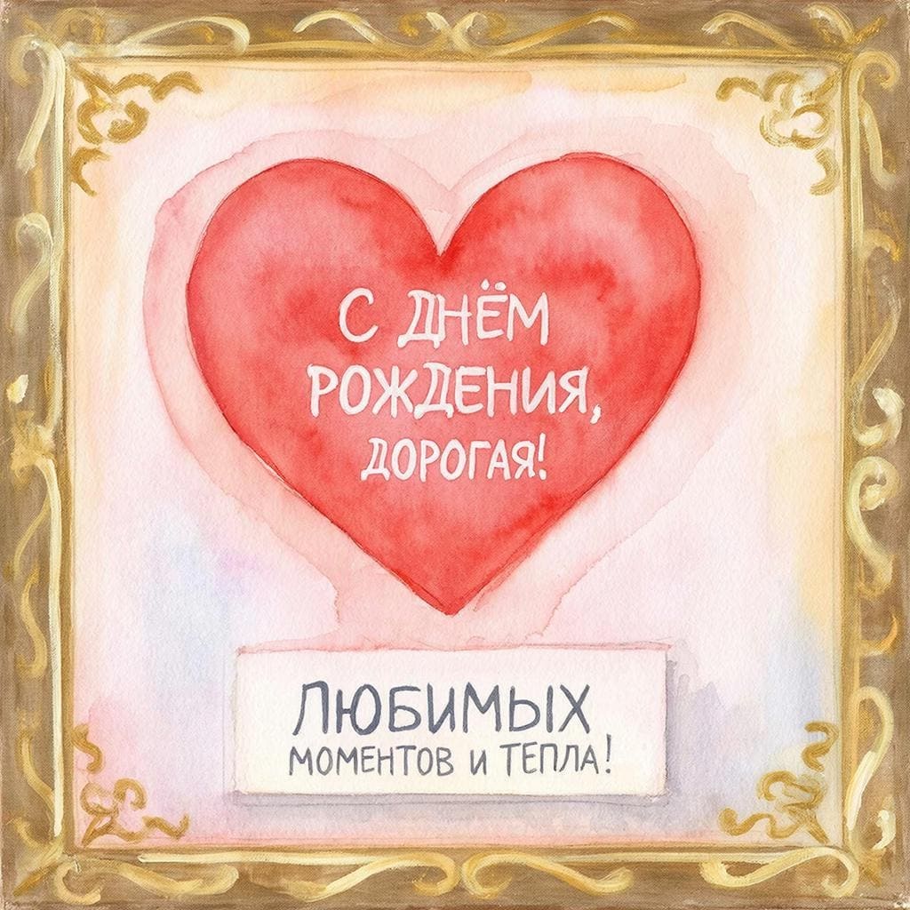 Акварельное сердечко и золотая рамка - С Днём Рождения, дорогая! Любимых моментов и тепла!
