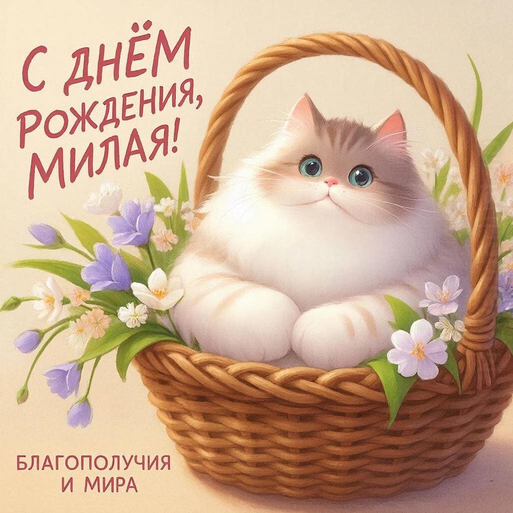 Нежный котёнок в корзине с цветами - С Днём Рождения, милая! Благополучия и мира!
