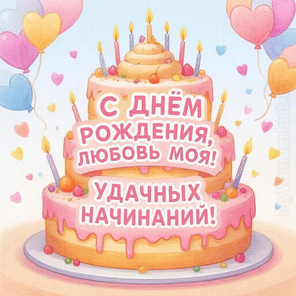 Фон с праздничным тортом и сердечками - С Днём Рождения, любовь моя! Удачных начинаний!