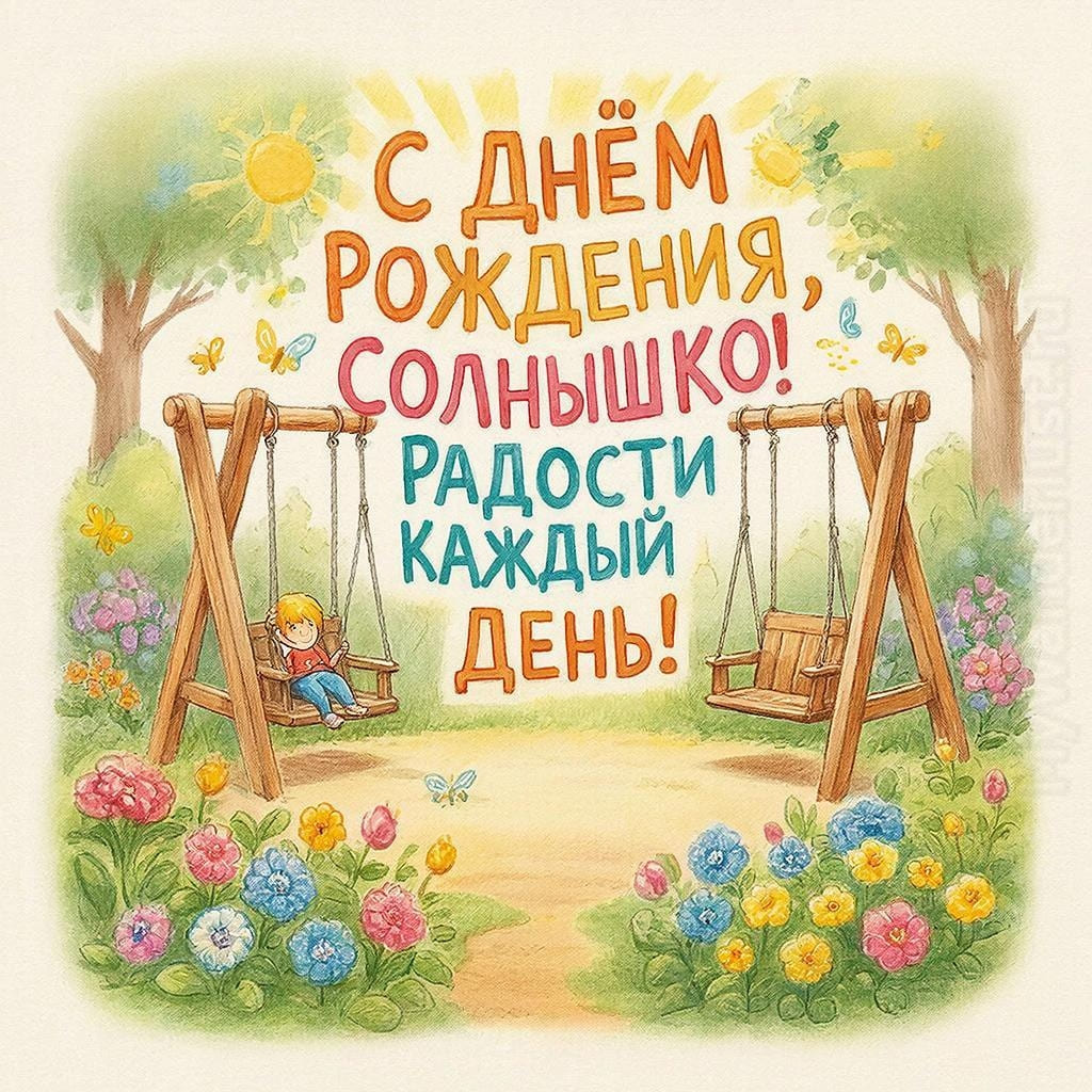 Небольшой сад с качелями и цветами - С Днём Рождения, солнышко! Радости каждый день!
