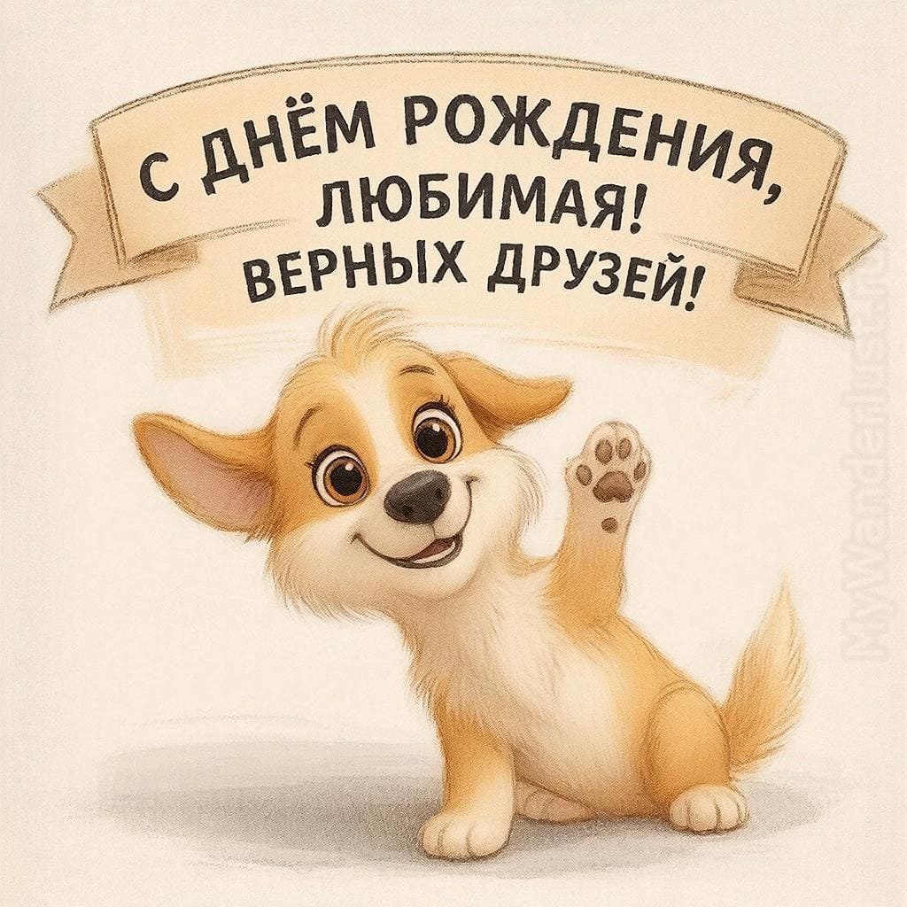 Пушистый щенок, подающий лапку - С Днём Рождения, любимая! Верных друзей!