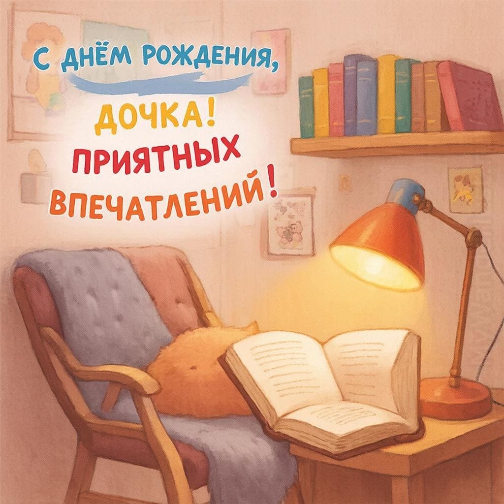 Уютный уголок для чтения с лампой и книжками - С Днём Рождения, умничка! Приятных впечатлений и новых историй!