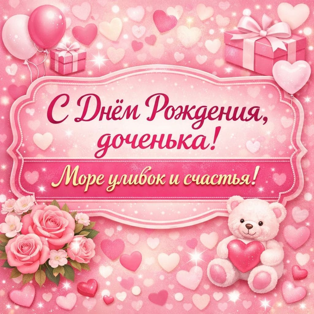 Радужный фон с сердечками - С Днём Рождения, доченька! Море улыбок и счастья!