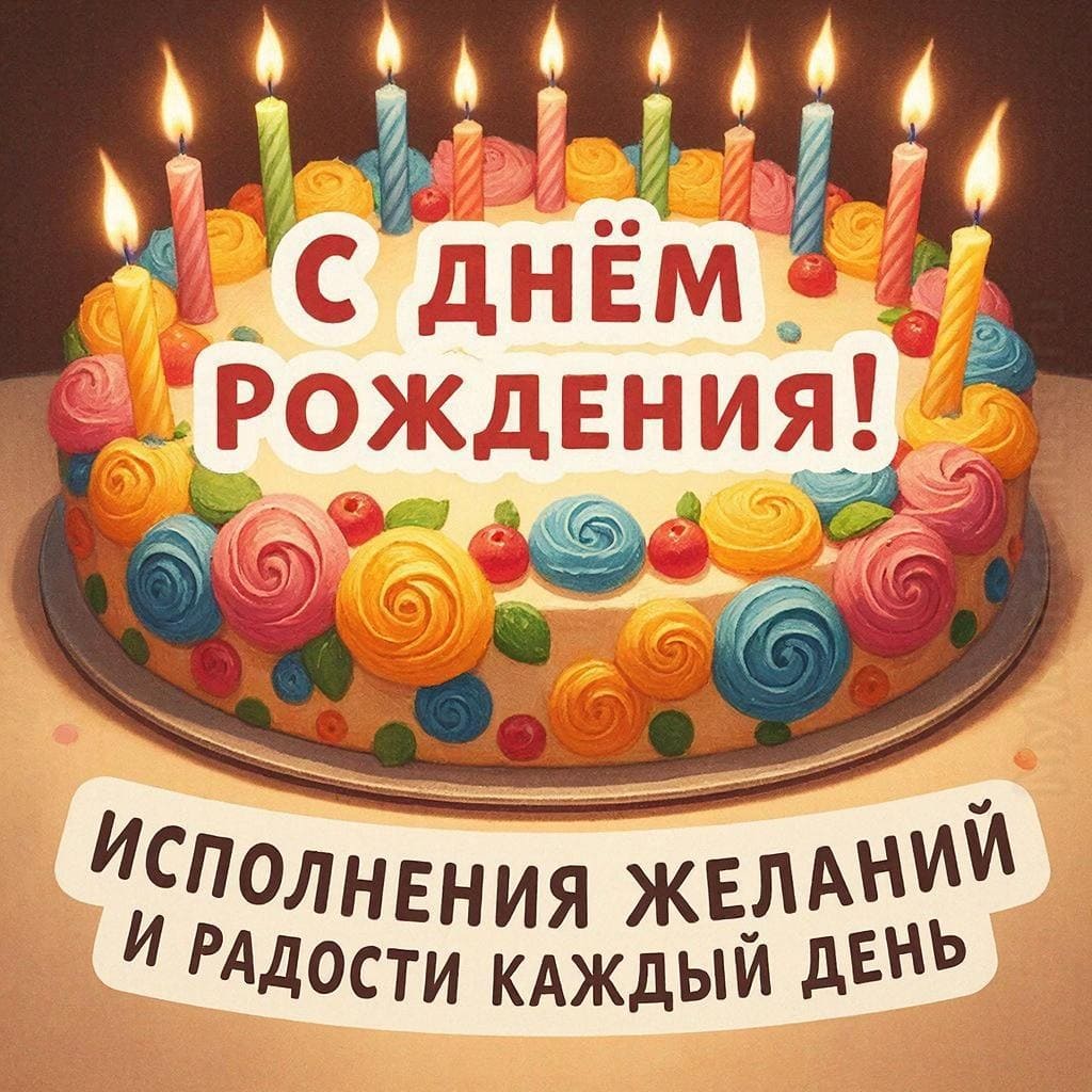 Яркий праздничный торт с горящими свечами - С Днём Рождения! Исполнения желаний и радости каждый день!