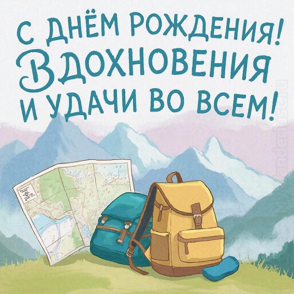Рюкзак и походная карта на фоне гор - С Днём Рождения! Энергии и вдохновения и удачи во всём!
