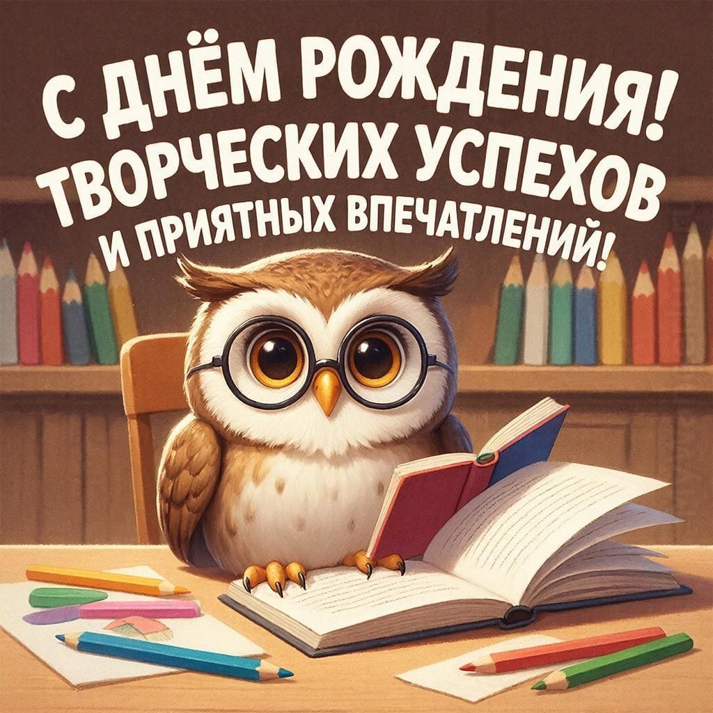 Милая сова с книгой и очками - С Днём Рождения! Творческих успехов и приятных впечатлений!