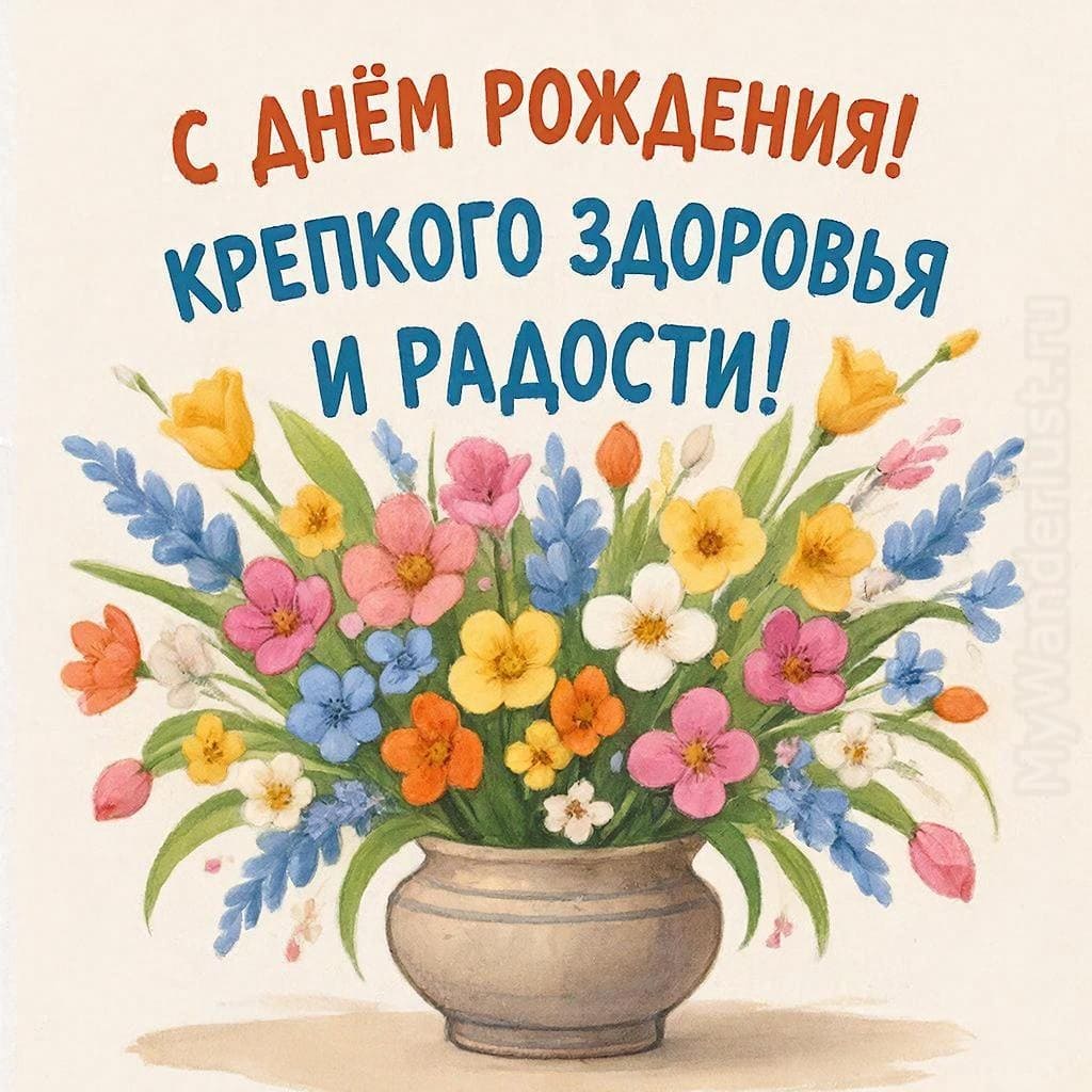 Букет разноцветных цветов в вазе - С Днём Рождения! Крепкого здоровья и улыбок и радости!