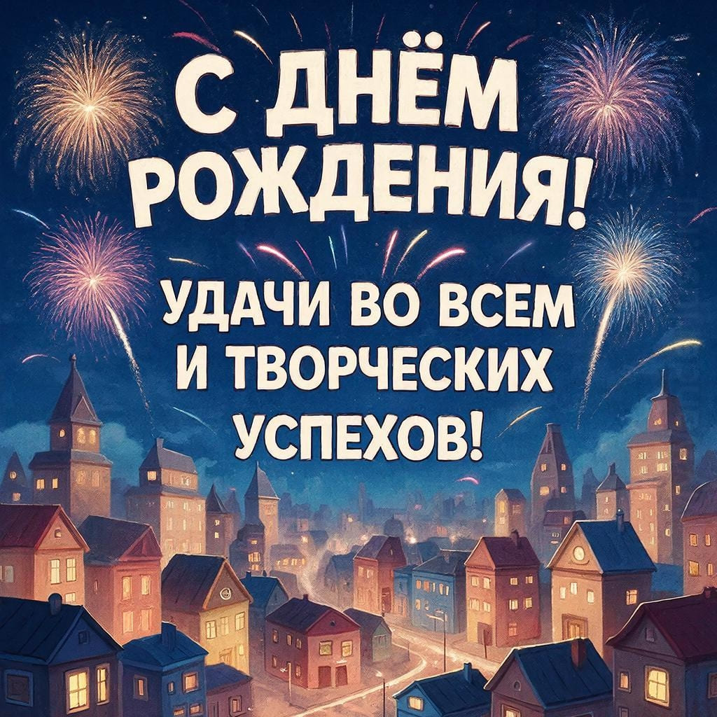 Ночной город с фейерверками - С Днём Рождения! Удачи во всём и творческих успехов!