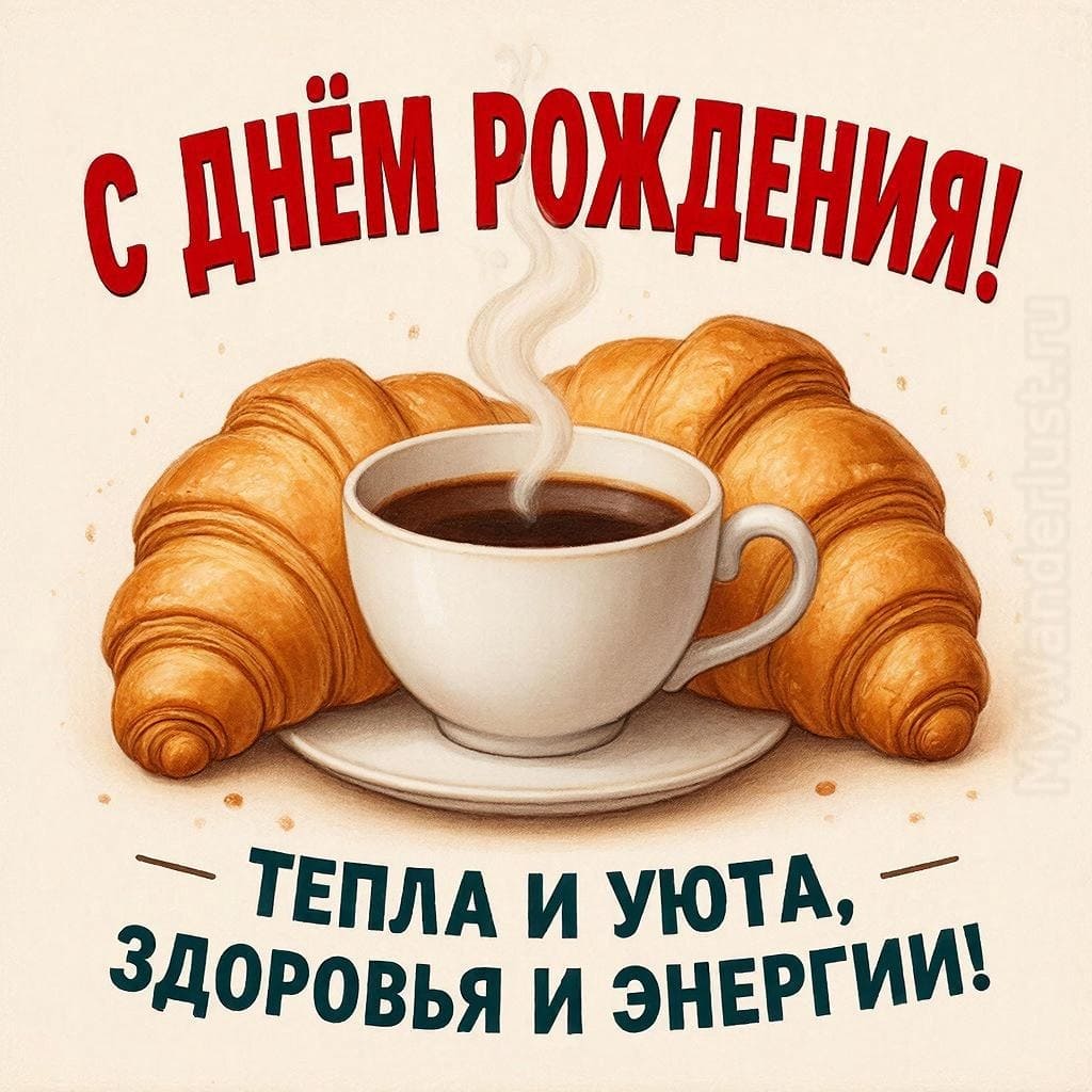 Чашка горячего кофе с паром и свежие круассаны - С Днём Рождения! Тепла и уюта и здоровья и энергии!