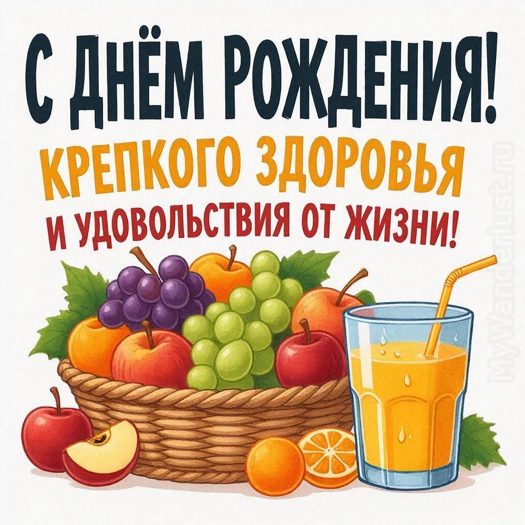 Корзина с фруктами и свежий сок - С Днём Рождения! Крепкого здоровья и удовольствия от жизни!