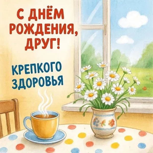 Утренний стол у окна с чашкой чая и живой ромашкой на подоконнике. С днём рождения, друг!  Крепкого здоровья.