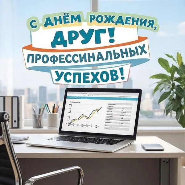 Офис у окна на столе — ноутбук с графиком роста. С днём рождения, друг! Профессиональных успехов! 