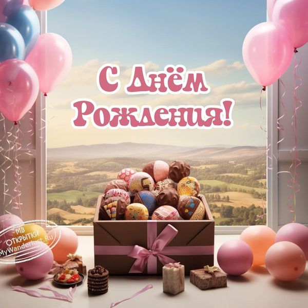 Ящик шоколадных яиц, красивый вид, надпись с днем рождения, праздничная картинка
