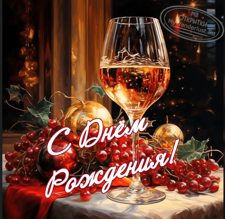 Бокал шампанского, ягоды, праздничный стол, открытка с надписью