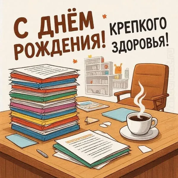 Строгий кабинет с большим столом, стопкой документов и чашкой кофе. С Днём Рождения! Крепкого здоровья.
