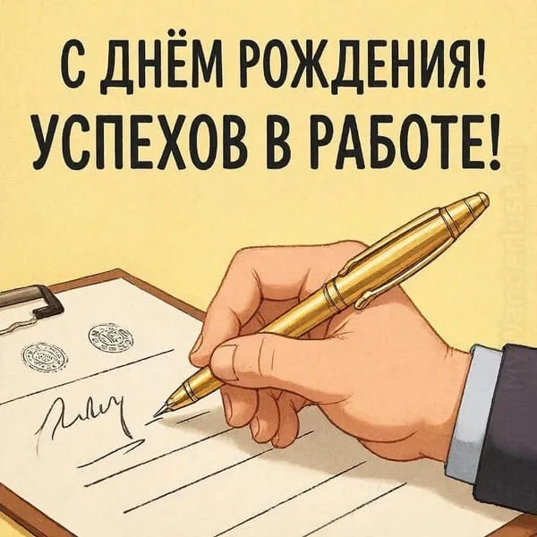 Рука с ручкой, подписывающая важный документ на фоне корпоративного герба. С Днём Рождения! Успехов в работе.