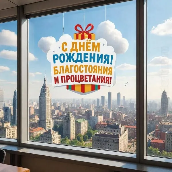 Офисный вид из окна небоскрёба. С Днём Рождения! Благосостояния и процветания! Крупным шрифтом на отдельной плашке
