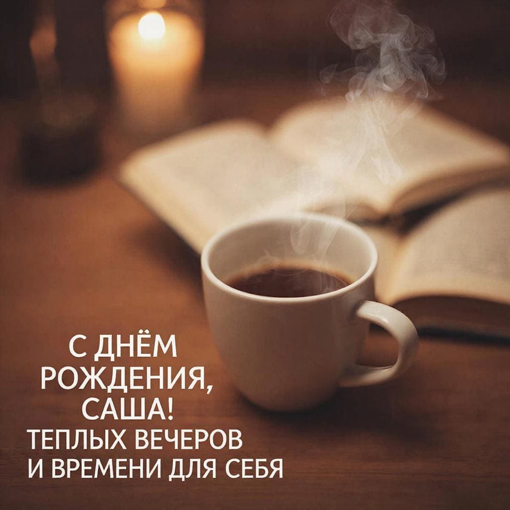 Чашка крепкого чая/кофе и книга на столе — подпись: С днём рождения, Саша! Теплых вечеров и времени для себя.