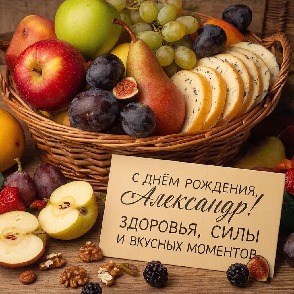 Корзина с фруктами и сырной тарелкой — подпись: С днём рождения, Александр! Здоровья, силы и вкусных моментов.