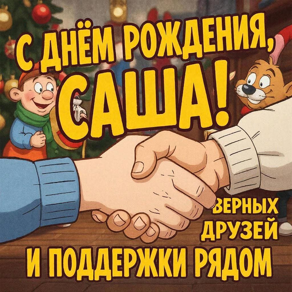 Рука пожимает руку в знак дружбы — подпись: С днём рождения, Саша! Верных друзей и поддержки рядом.