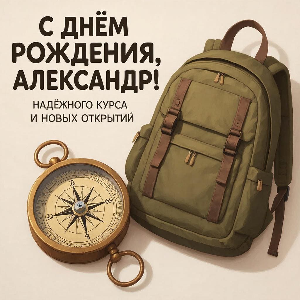 Старинный компас и туристический рюкзак — подпись: С днём рождения, Александр! Надёжного курса и новых открытий.