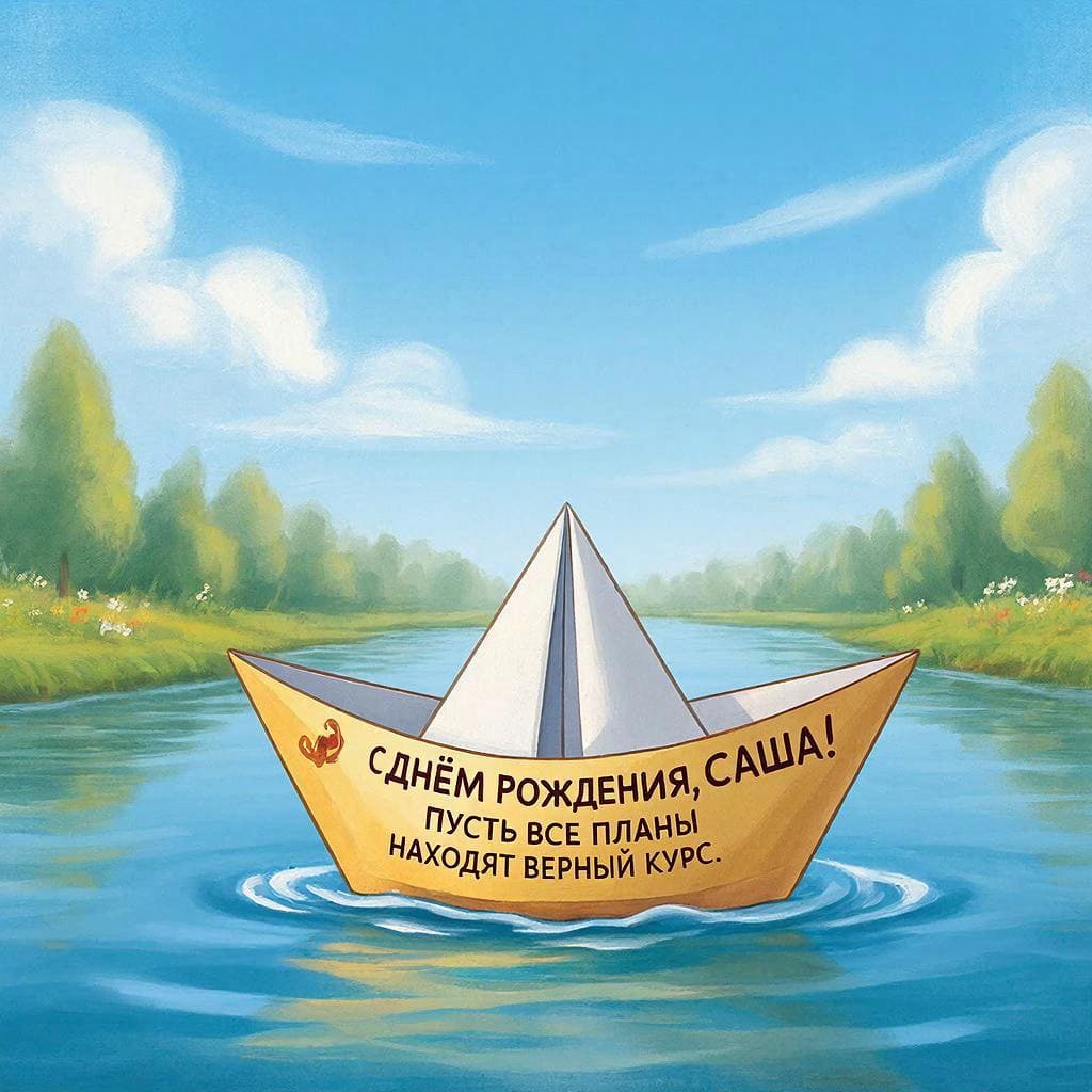 Бумажный кораблик на реке — подпись: С днём рождения, Саша! Пусть все планы находят верный курс.