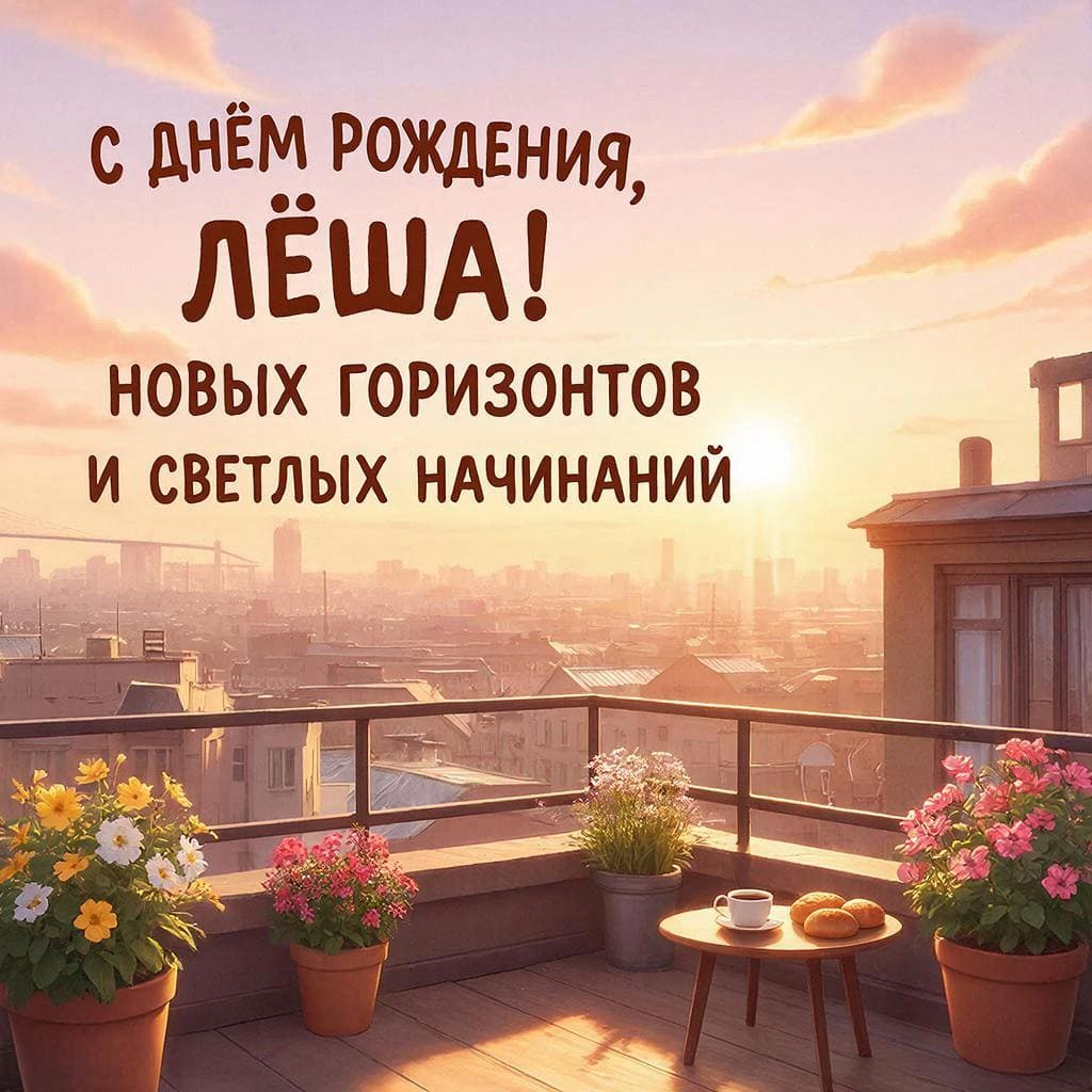 Городской крыша с видом на рассвет — подпись: С днём рождения, Лёша! Новых горизонтов и светлых начинаний.
