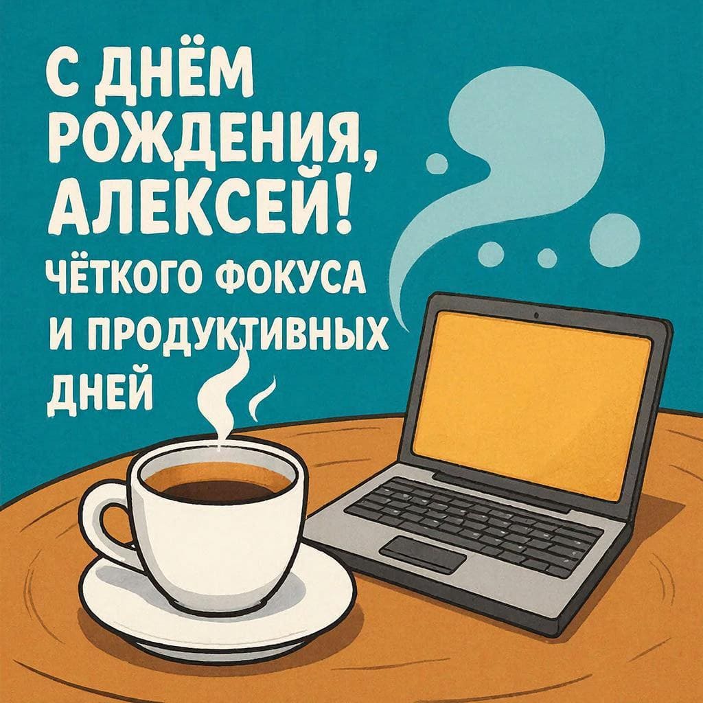 Чашка эспрессо и ноутбук — подпись: С днём рождения, Алексей! Чёткого фокуса и продуктивных дней.