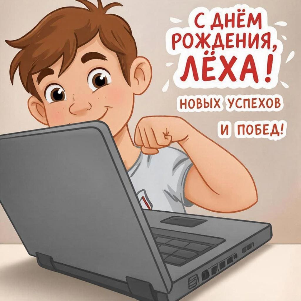 Русый парень выглядывает из-за ноутбука, показывает бицепс и улыбается. Надпись С днем рождения, Лёха! Новых успехов и побед!