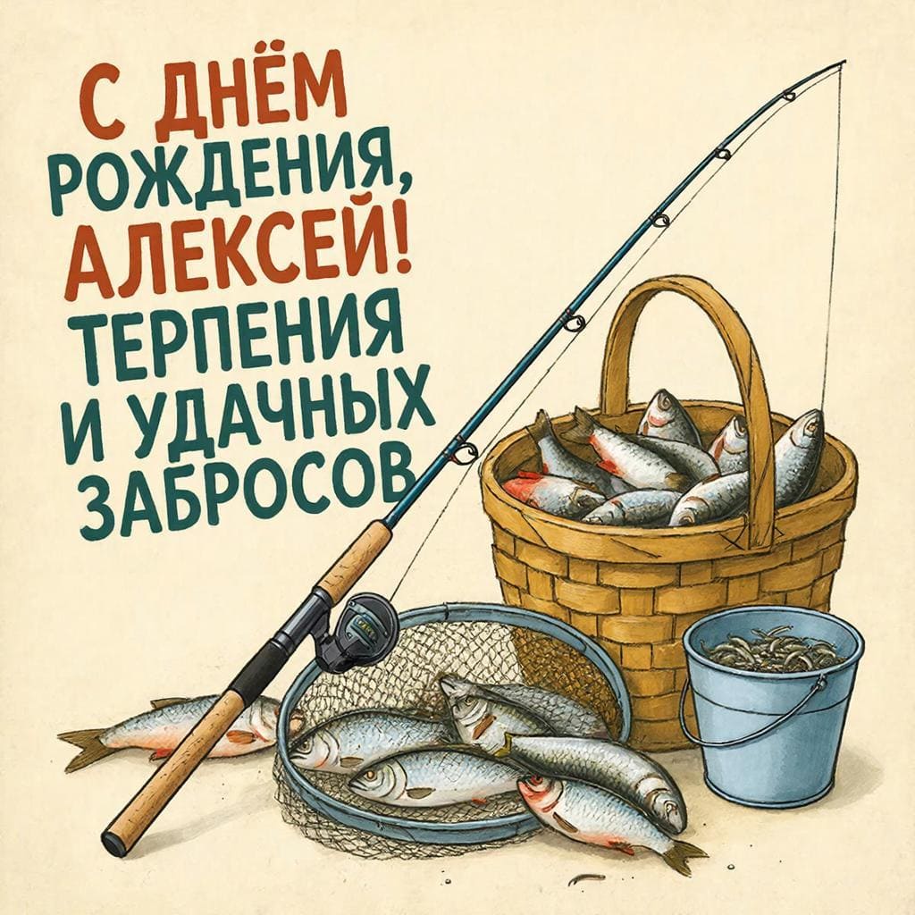 Рыболовный снаряд и улов в лукошке — подпись: С днём рождения, Алексей! Терпения и удачных забросов.