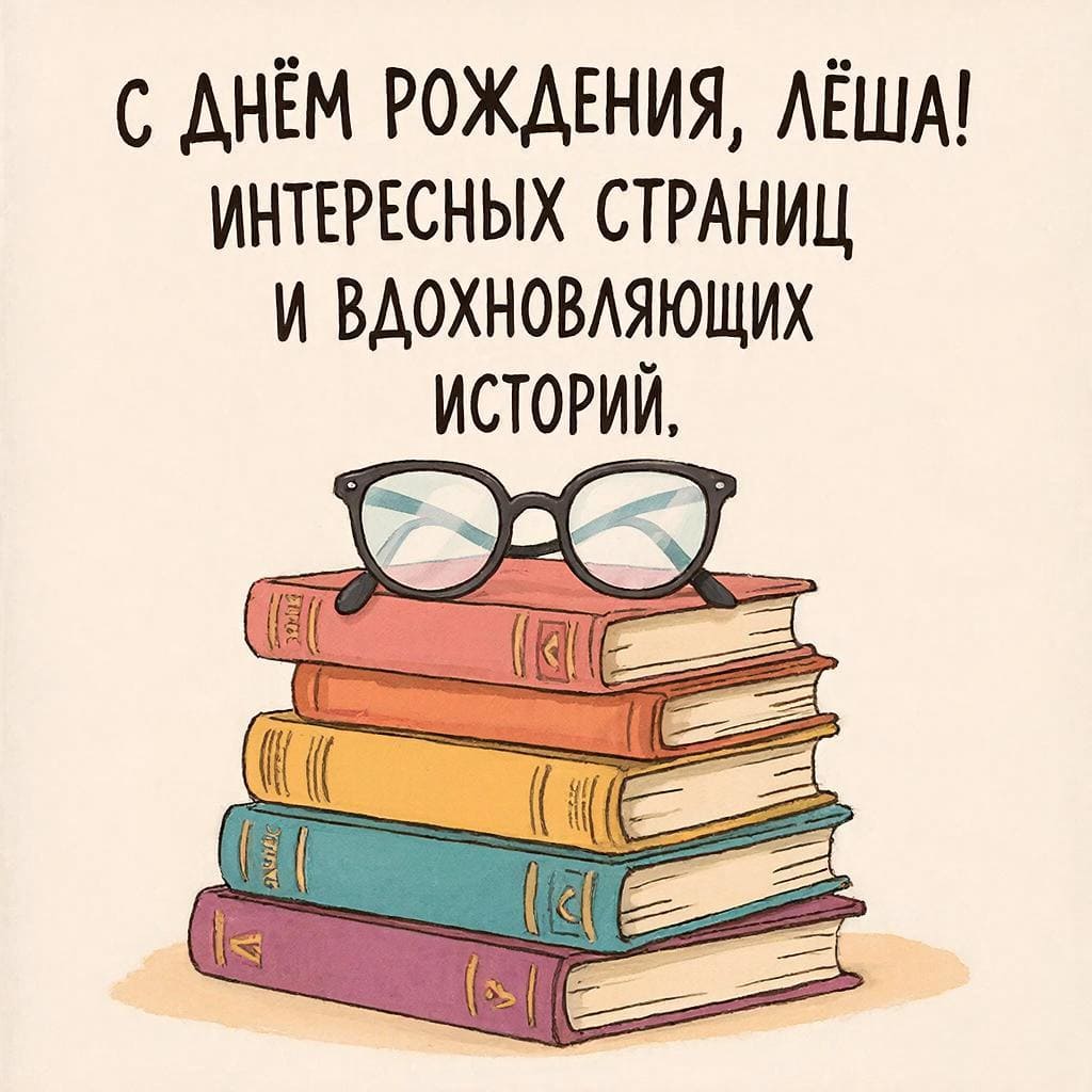 Стопка любимых книг и очки — подпись: С днём рождения, Лёша! Интересных страниц и вдохновляющих историй.
