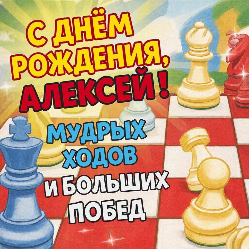 Шахматная доска с ключевой фигурой — подпись: С днём рождения, Алексей! Мудрых ходов и больших побед.