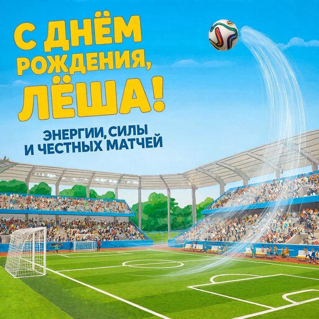 Спортивная площадка и мяч в движении — подпись: С днём рождения, Лёша! Энергии, силы и честных матчей.