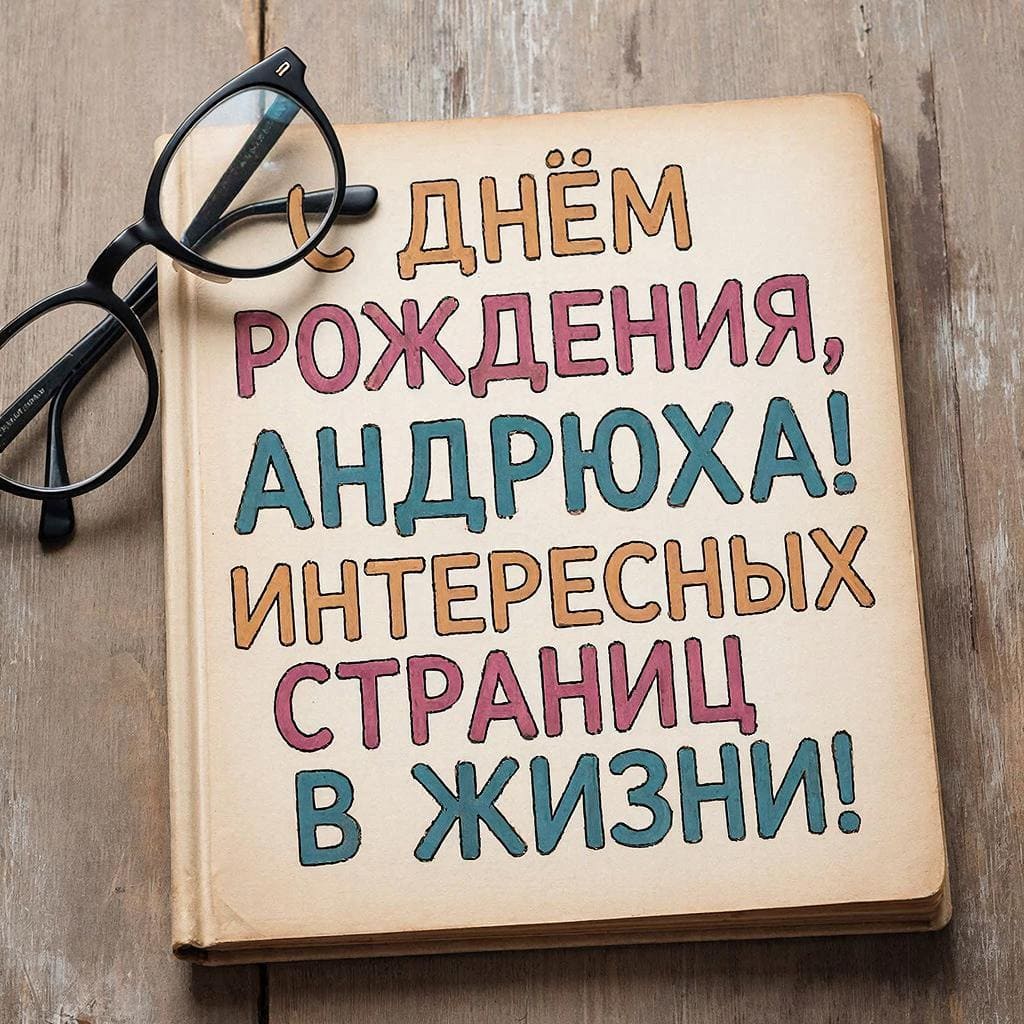 Книга и очки на столе — С днём рождения, Андрюшка! Интересных страниц.
