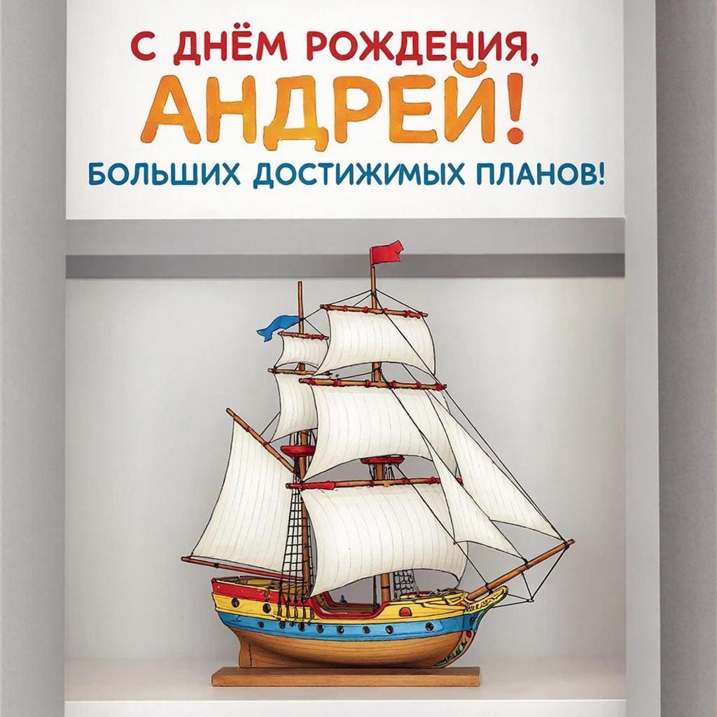 Модель парусника на полке — С днём рождения, Андрей! Больших планов.