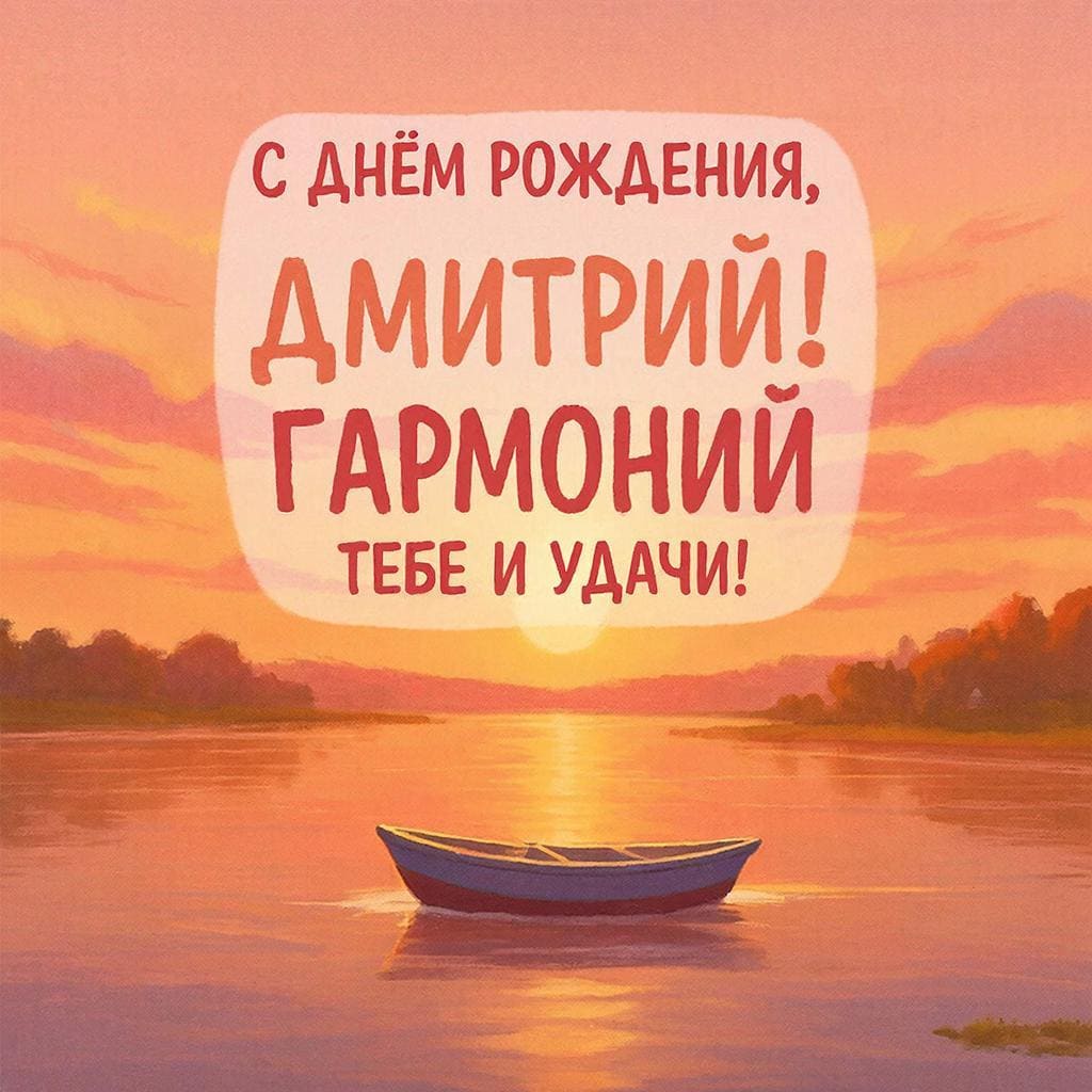 Закат над рекой и лодка — С днём рождения, Дмитрий! Тишины и удачи.