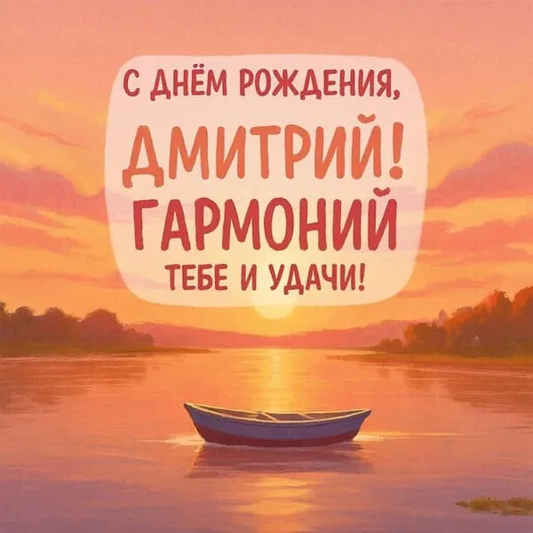 Закат над рекой и лодка — С днём рождения, Дмитрий! Тишины и удачи.