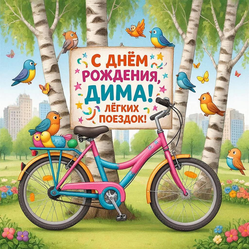 Велосипед у деревьев в парке — С днём рождения, Дима! Лёгких поездок.