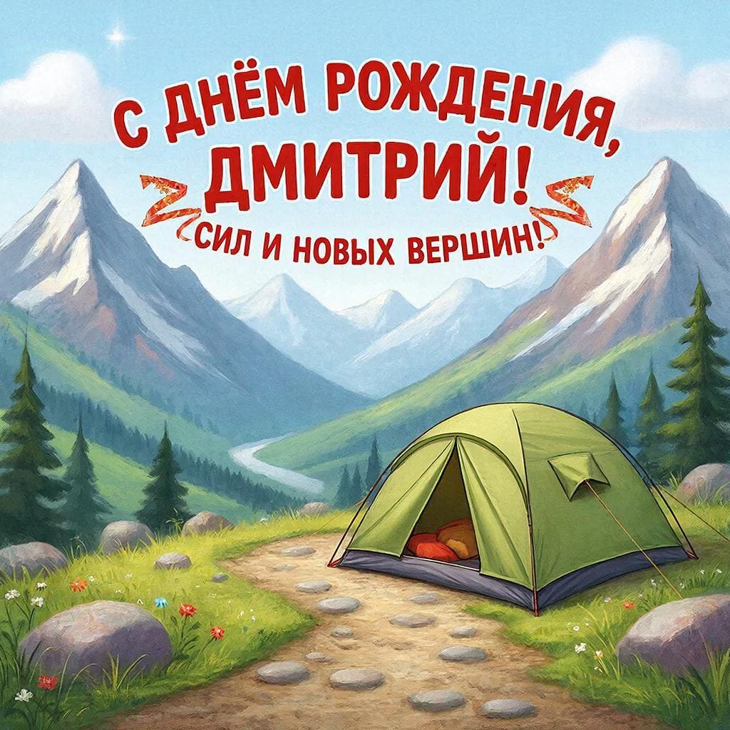 Горная тропа и палатка — С днём рождения, Дмитрий! Сил и новых вершин.