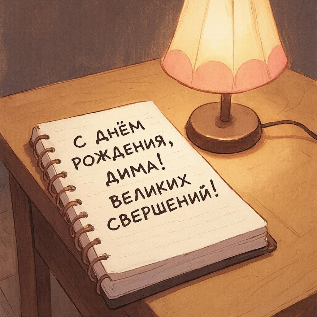 Настольная лампа и блокнот — С днём рождения, Дима! Чётких идей.